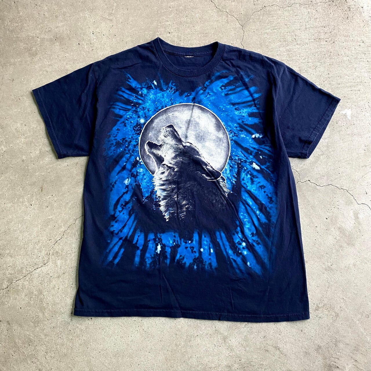 オオカミ アニマルプリントTシャツ メンズL相当 古着 動物 狼 ネイビー