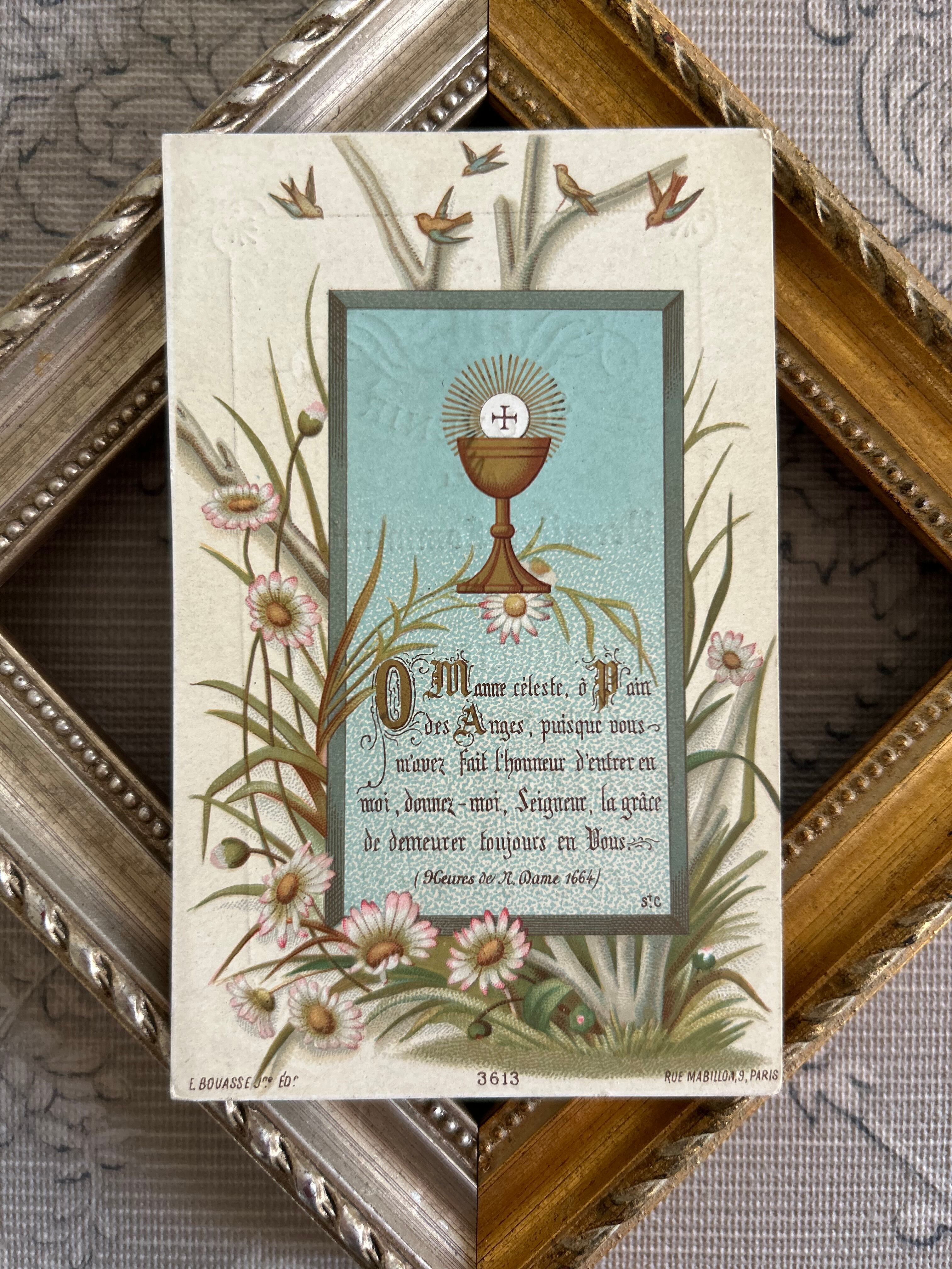 フランスアンティーク Holy Card ホーリーカード プルミエール コミュニオン 1889年 ツバメ デイジー 額装 コレクション 撮影小物