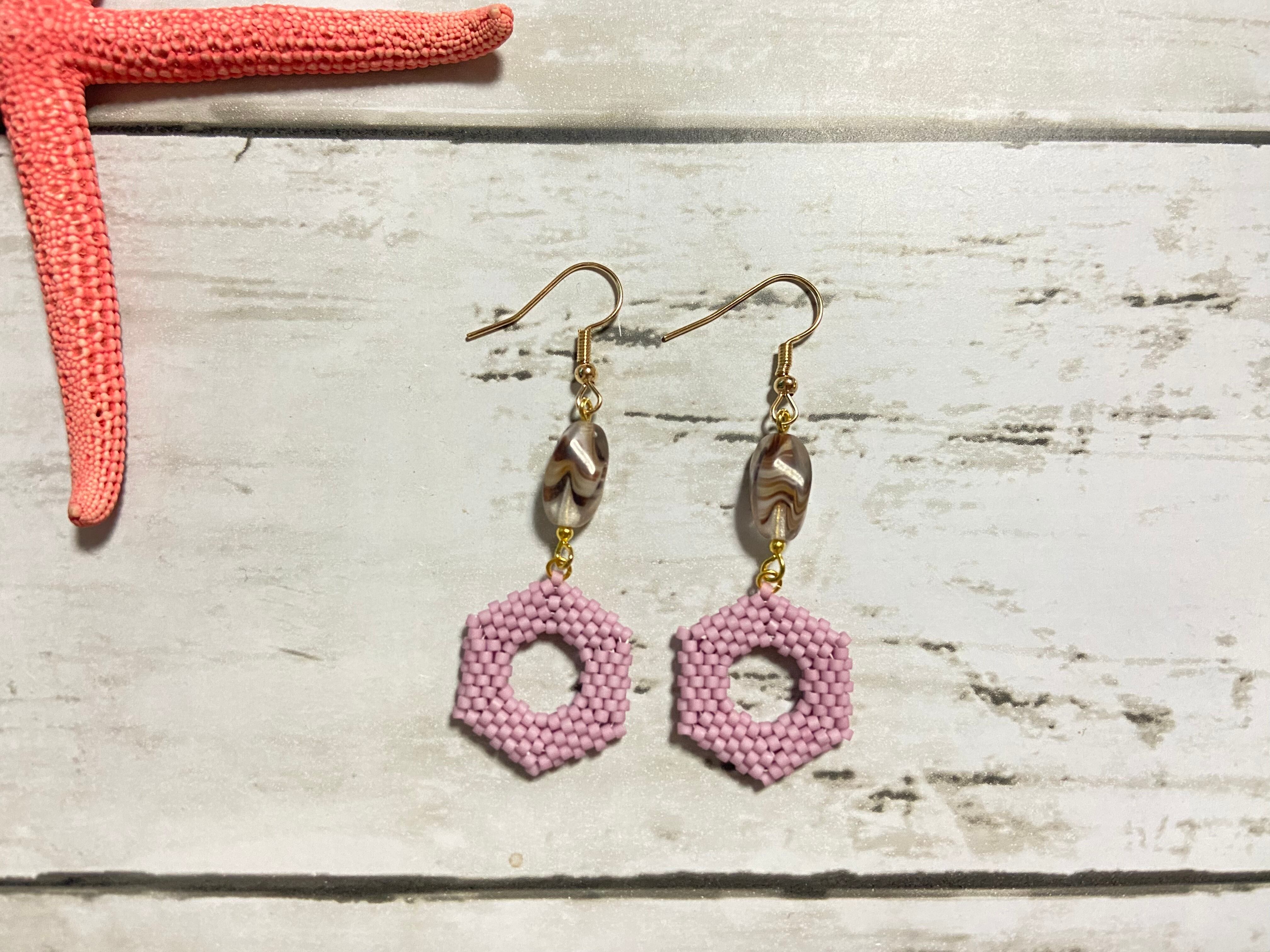 ヘキサゴン×チェコビーズピアス E314 ビーズステッチ | no B's no life