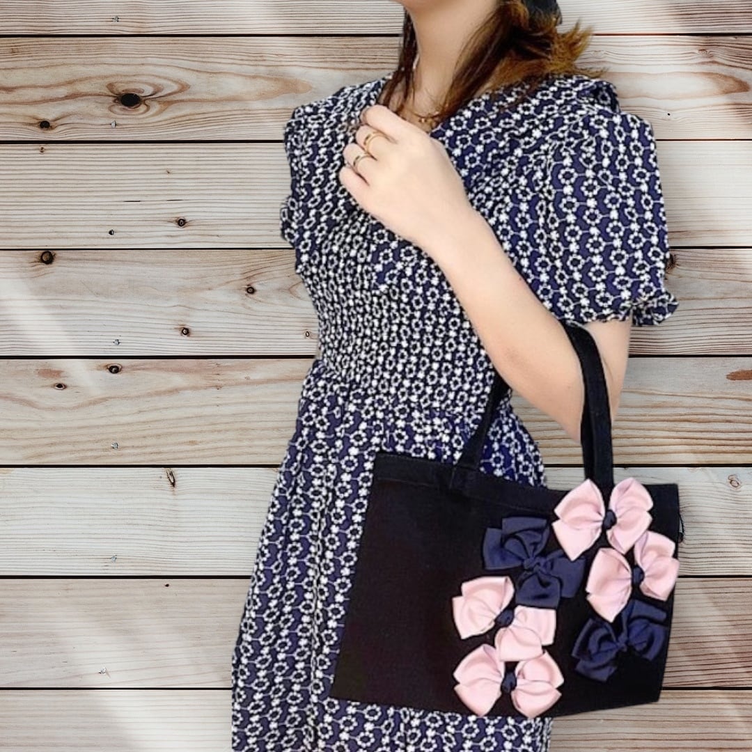 FINAL SALE★bg0108- 【A4対応】キャンバストートM:ブラック《コサージュライン》《バイカラーリボン》★★★