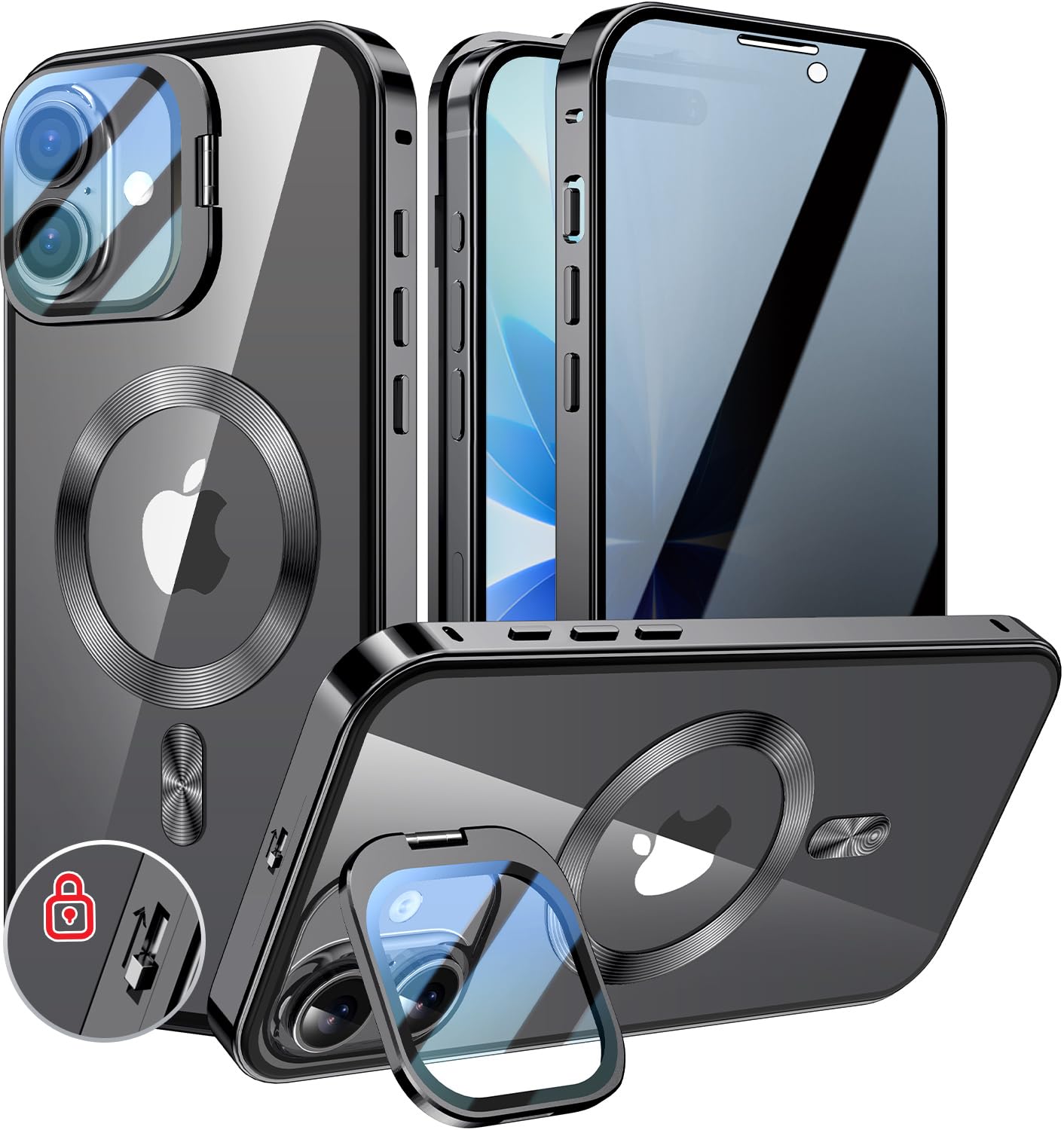 KELLCASE【カメラレンズ保護・スタンド+覗き見防止+MagSafe対応 】iPhone 17 用 ケース 全面保護 自動ロック付き 隠しスタンド