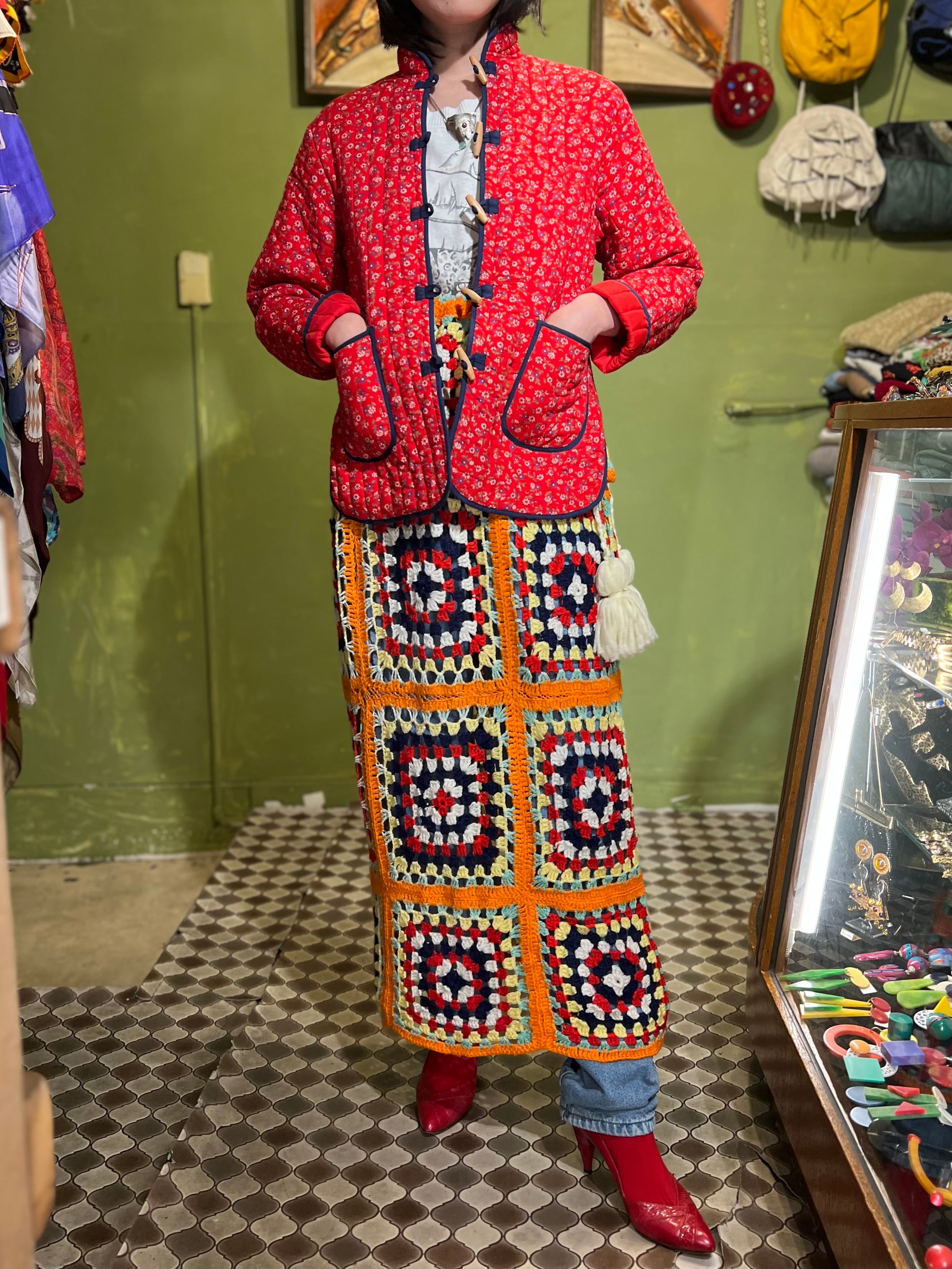 60-70s red × navy floral quilting jacket ( ヴィンテージ