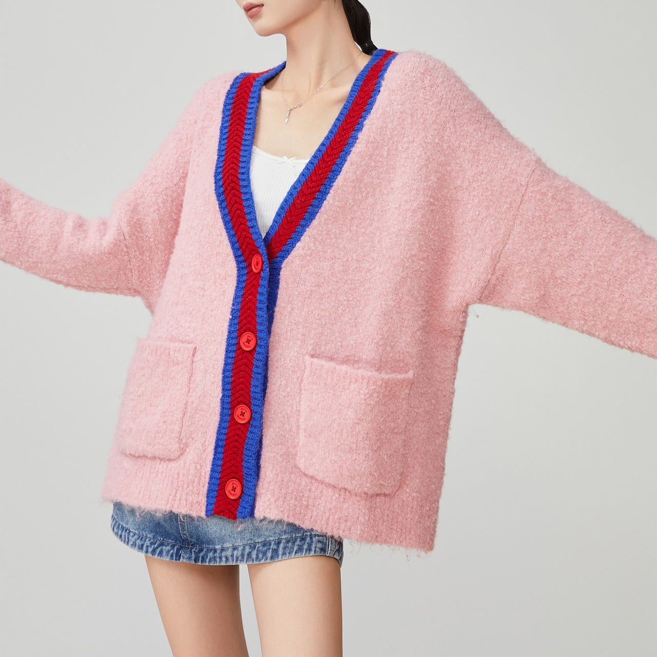 Vネック パッチワークカーディガン H0041