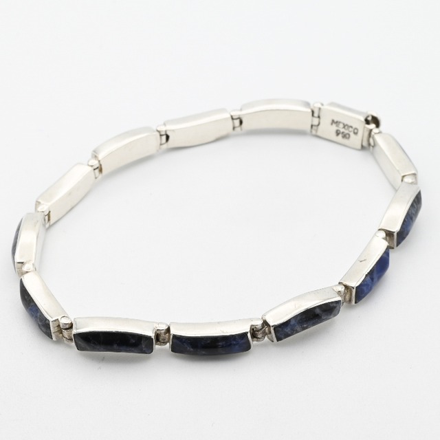Sodalite Stone Accent Wavy Panel Link Bracelet / Mexico