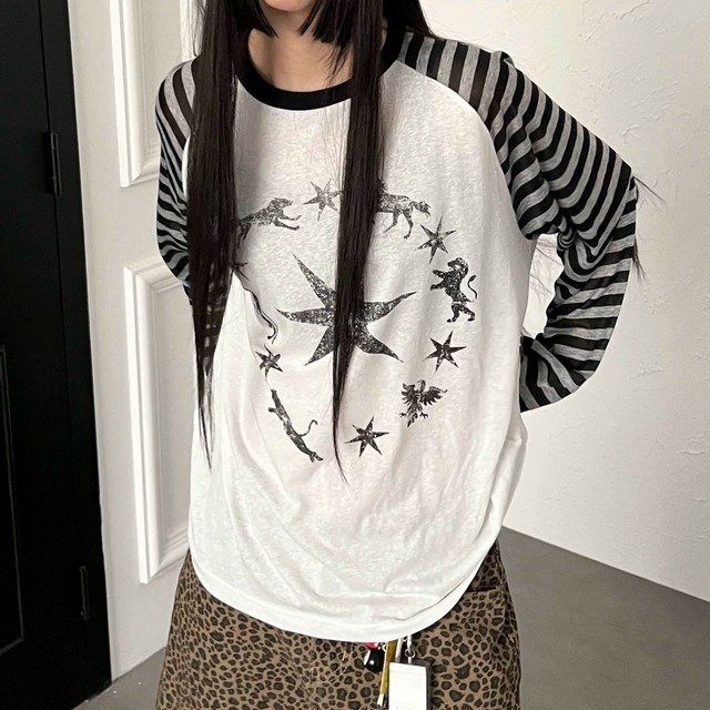 スターアニマルグラフィックボーダーラグランTシャツ 1col   R02534