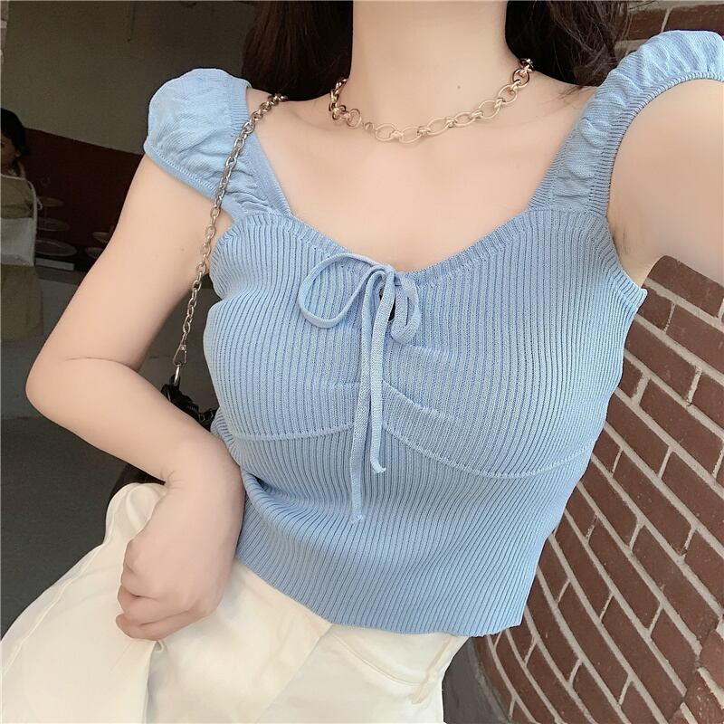 サマースタイルスタンダードスリムレッドトップス ショート薄手レディース レトロ 夏物 ドラファッションホール65015587762