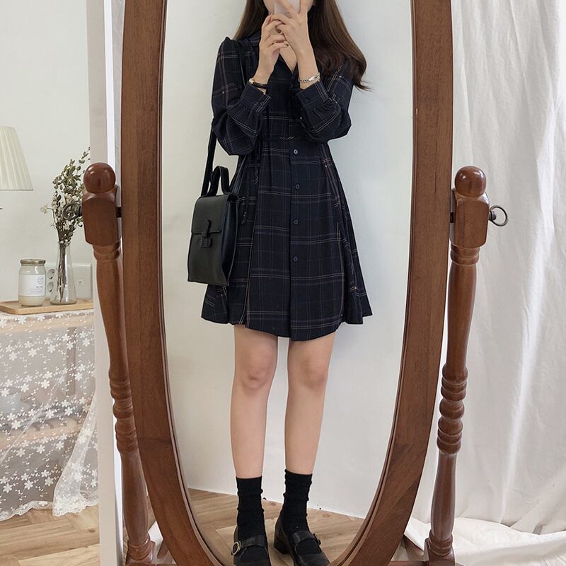 サマースカート ウェスト長袖スリーブドレス スタンダードスリム格子柄シャツ ロング レトロ 夏物 スーパーモール10898652473