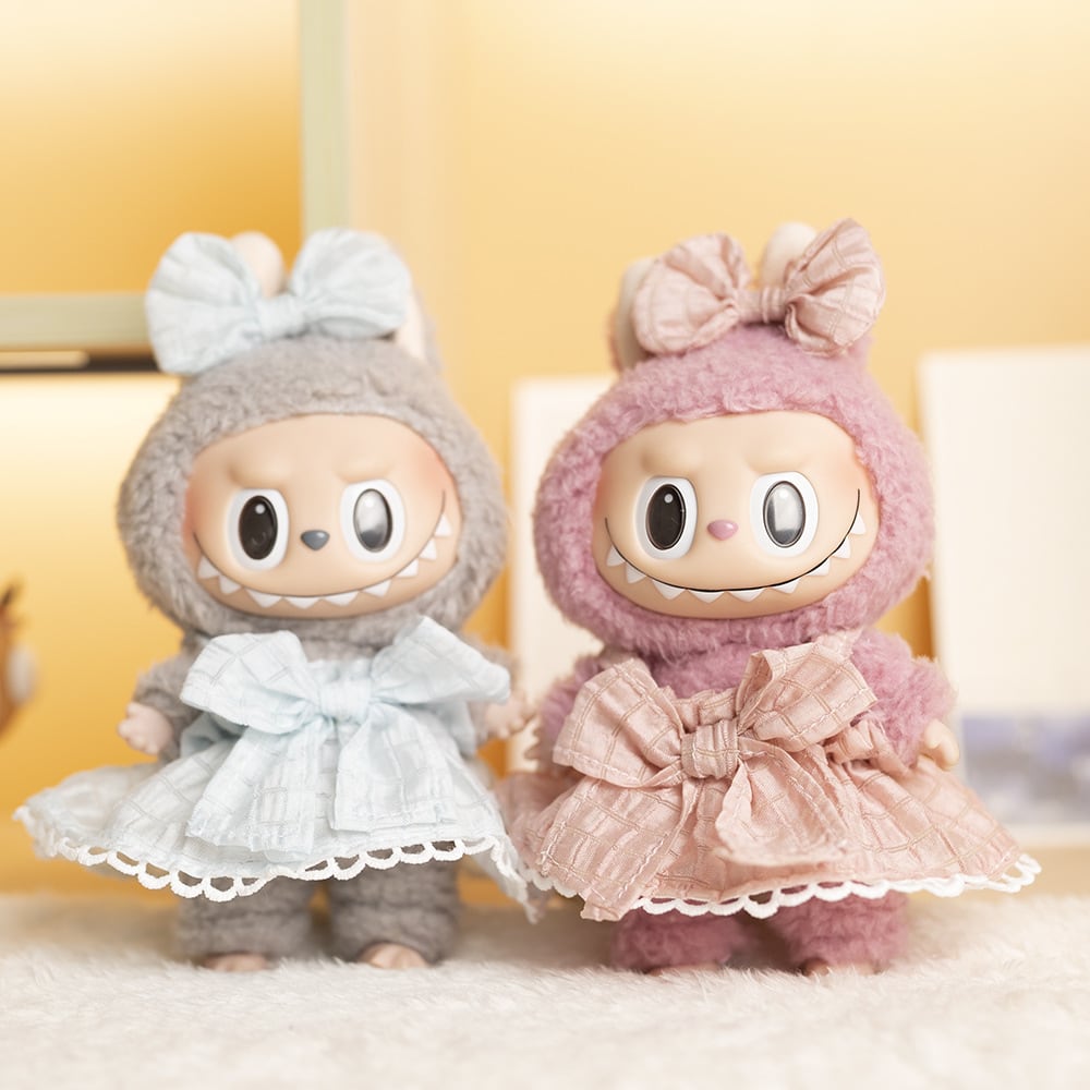 Labubu 1-3世代用 リボン飾りチェック柄ワンピース+ヘアアクセサリー