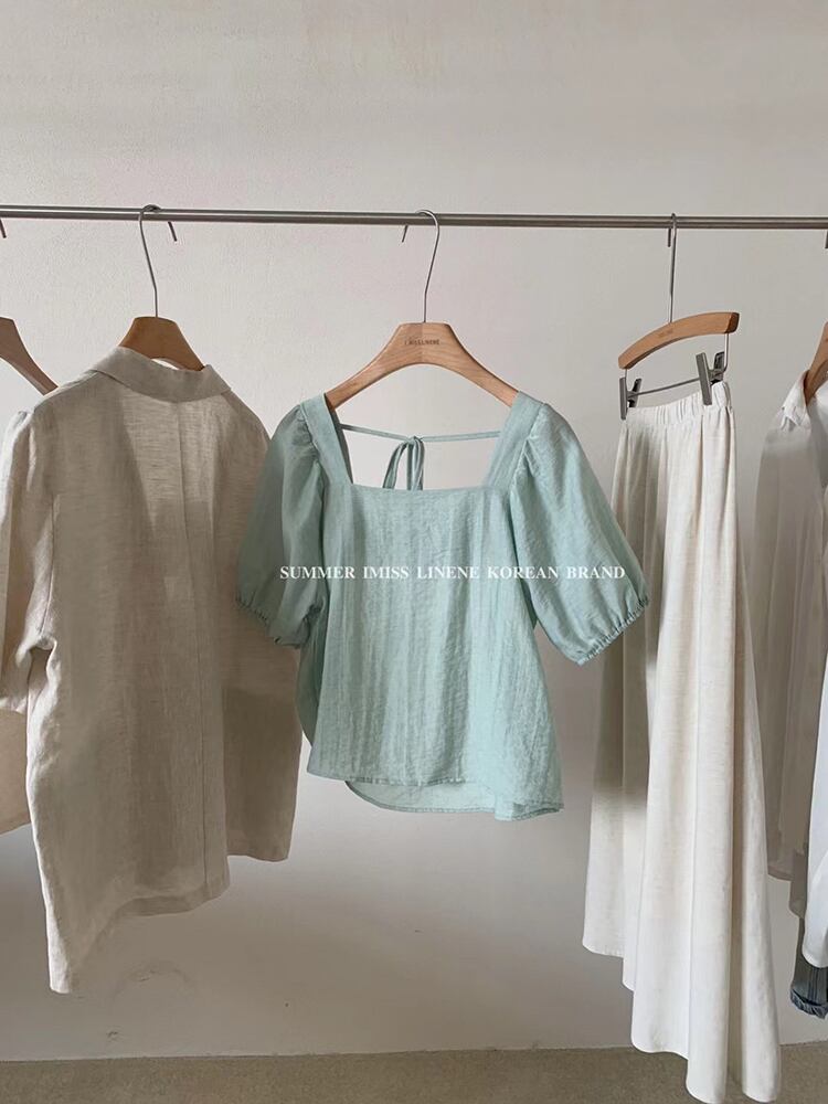 ソリッド カラースリーブシャツ サマー薄手 夏物 ソリッドカラー スクウェア ビッグFスモールZ韓国28554277483