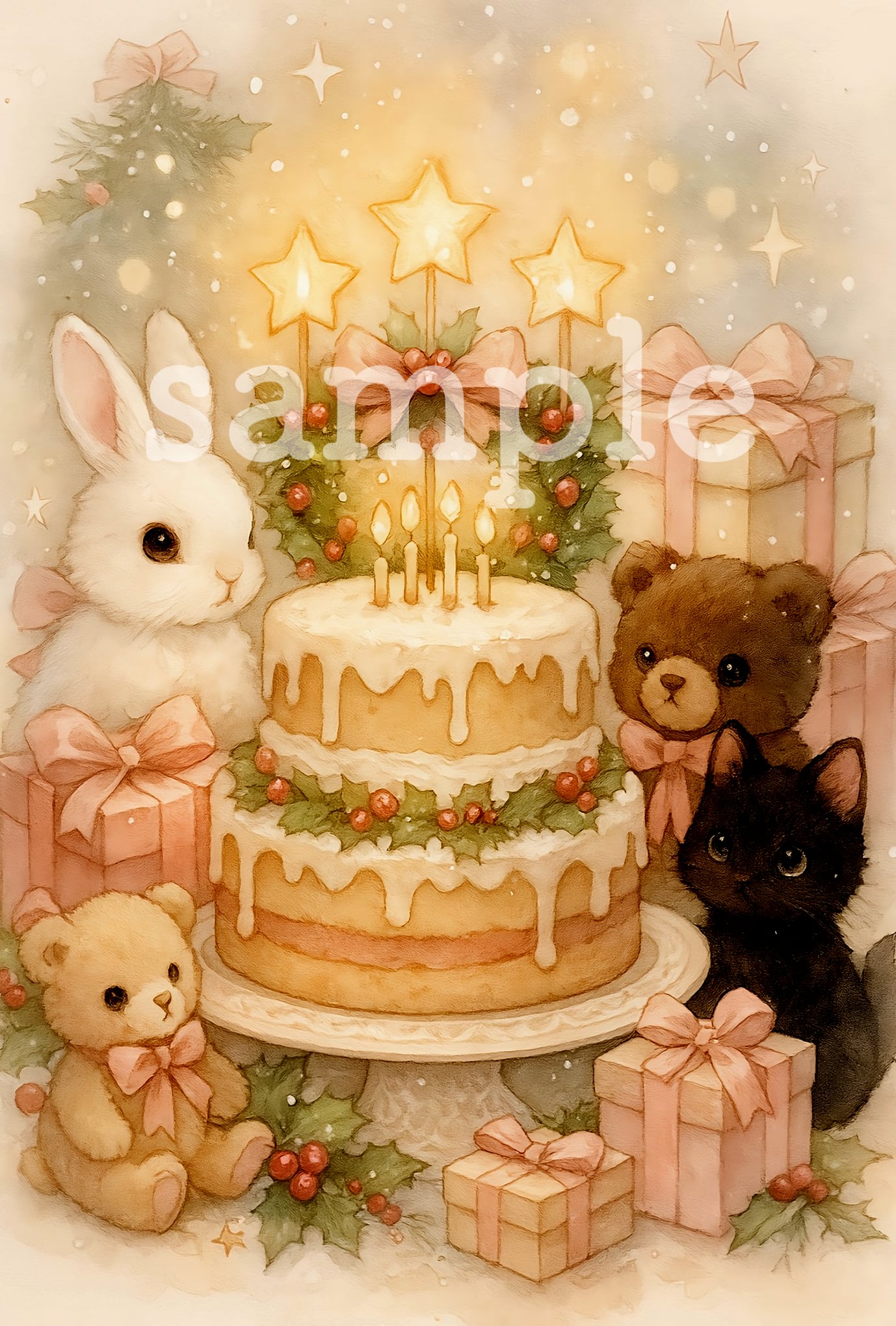 クリスマスケーキと可愛い動物たち