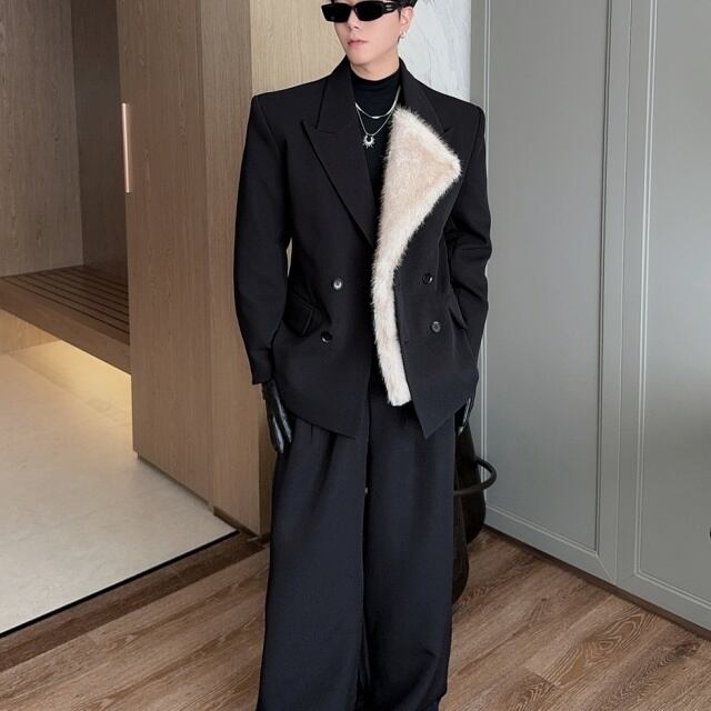 【予約販売】ジャケットファー 無地 モード 個性的 ダブル メンズ ブラック ドレスアップ シック 結婚式 パーティー こなれ感 お洒落 韓国 トレンド M/L/XL