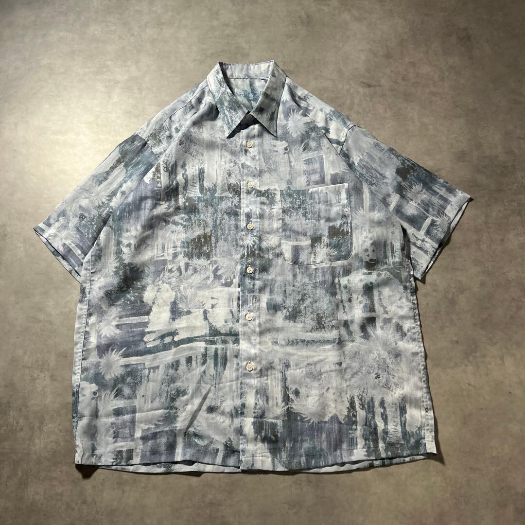 ヴィンテージ 総柄 幾何学 ブルー デザイン レトロ アートパターン シャツ