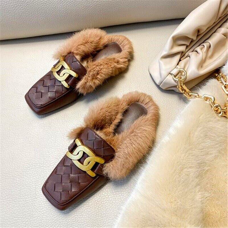 【新作】【送料無料】 冬のインターレースレディーススリッパファーワンピーススクエアヘッドスリッパメタルデコレーションブラックブラウンホワイトファッションスリッパ ミュール 靴 シューズ ウィンター 冬物 スクウェア 10b389691574174