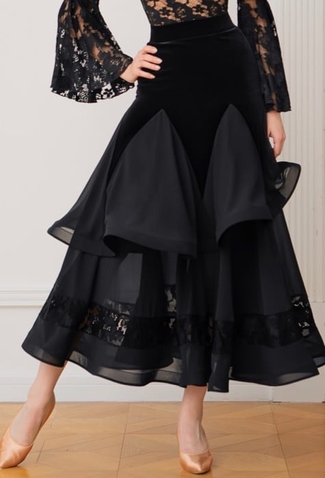 【新着】社交ダンス ドレス 　スタンダード 　モダンド レス 　ブラック　セットアップ（ベルベット＆レース） M　 ST-25-25＆ 26 　デモ・競技用ドレス 　発表会衣装 　パーティドレス 　ワンピース 　舞台衣装