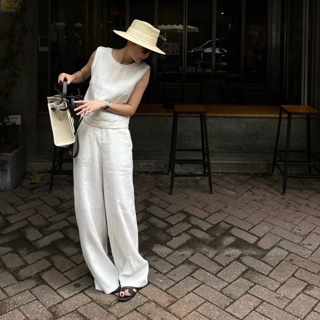 綿麻　ノースリ ブラウス＆ストレートパンツ　セット〈１カラー サイズS-XL〉