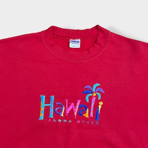 【GILDAN】メキシコ製 ハワイ Hawaii Aloha State 刺繍ロゴ スウェットトレーナー プルオーバー 赤 M US古着