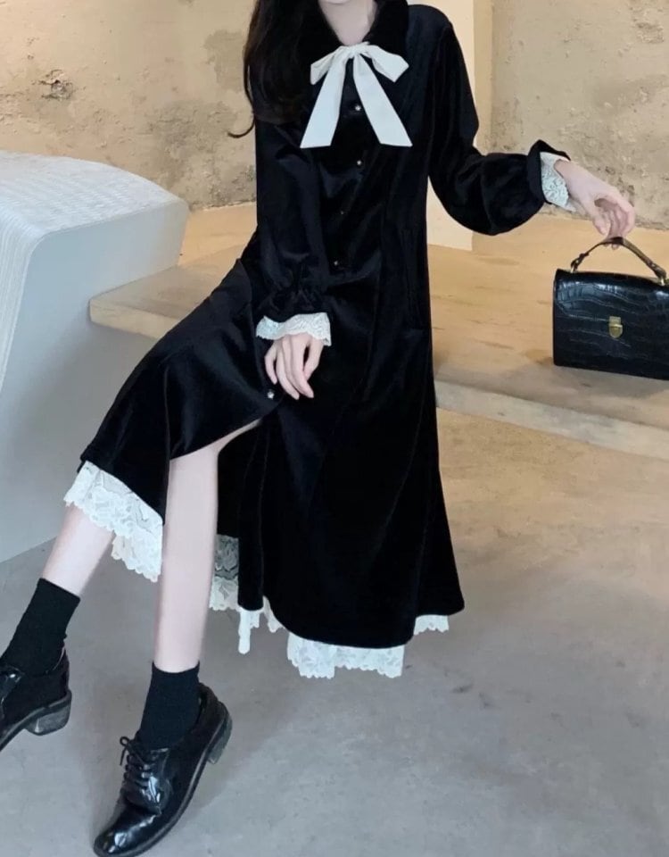 ベルベット素材で高見えコーデ ビッグリボンベルベットワンピース