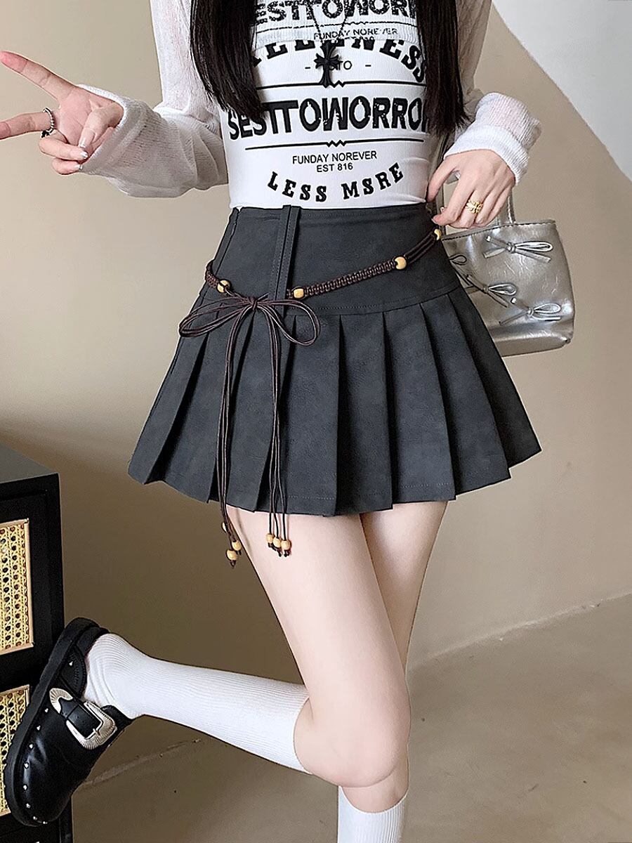 全3色 PUレザープリーツミニスカート ハイウエスト ショート丈