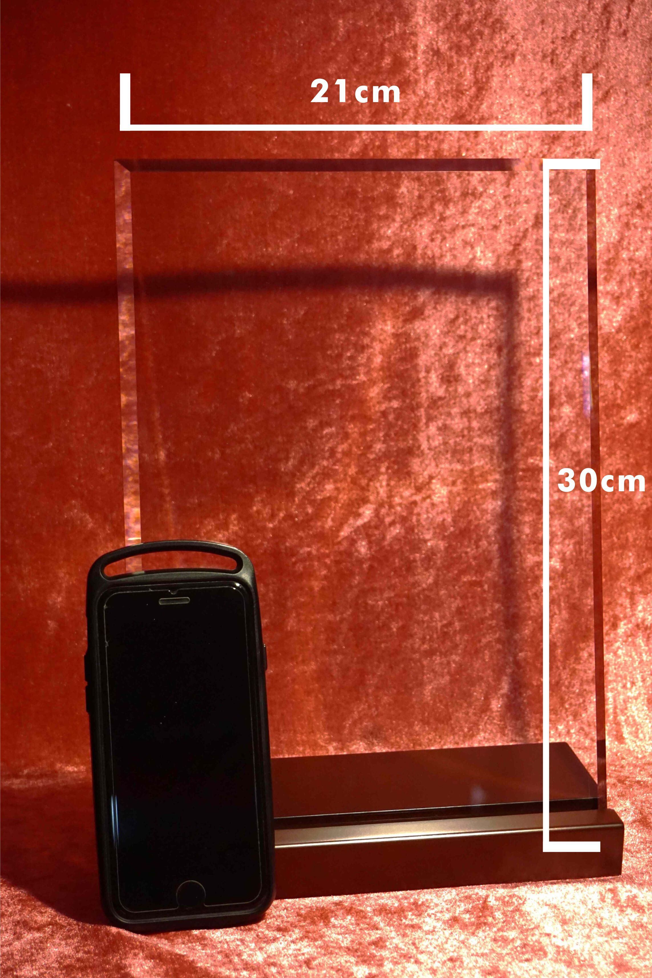 送料無料　写真彫刻　ガラス盾　大 21cm×30cm 木台付き ※思い出新聞付き