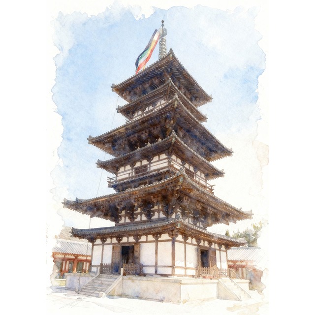 絵画 風景画(街並み) 日本 奈良県 薬師寺西塔 インテリアアート額付き 水彩画・油絵風 WAT1574