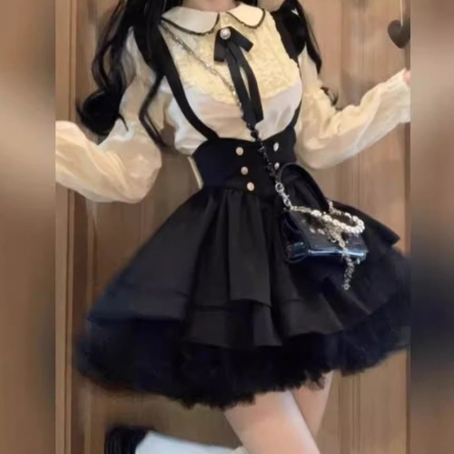 【2点セット】リボンスリーブブラウス＋ティアードフレアフリルストラップスカート ・78374