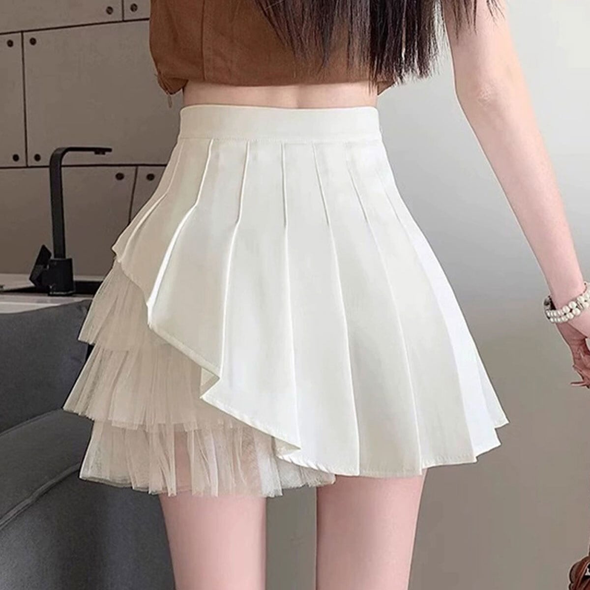 ミニスカート プリーツ チュール切り替え レディース 春夏 韓国 Aライン きれいめ 大人 かわいい ハイウエスト インナーパンツ付き レイヤード風 大人可愛い 大人女子
