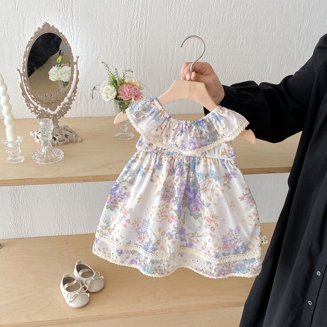 【BABY】ラベンダー小花柄フリルノースリーブワンピース - 8