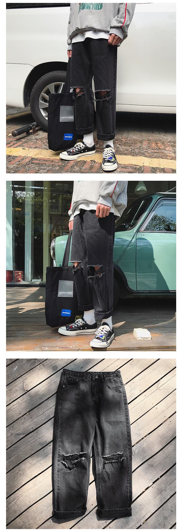 全2色 デニム パンツ ストレート カジュアル ダメージ 無地