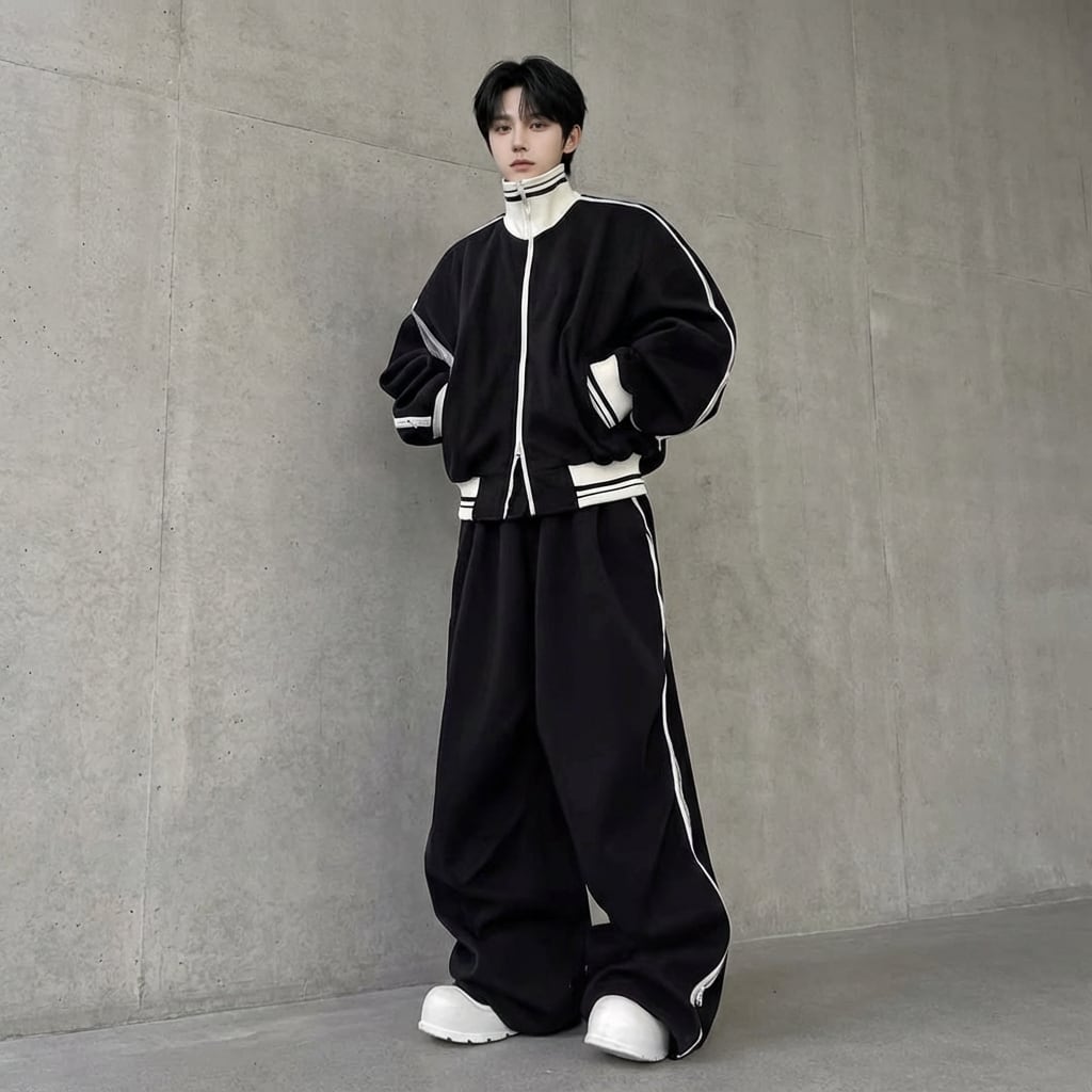 バイカラーライン トラックジャケット&ワイドパンツ セットアップ D12048