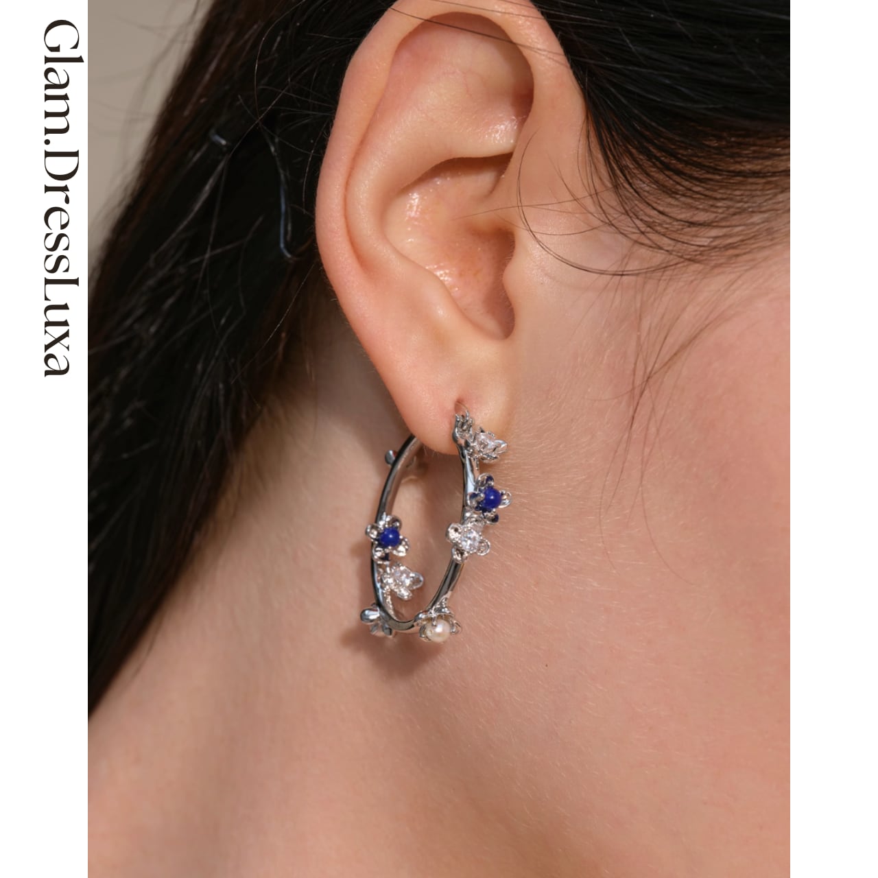 Floral Hoop ピアス – Blue Stone & Pearl_AC159