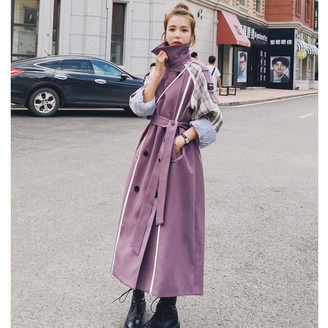 全2色 レディース トレンチコート トレンド スリーブ チェック ロング