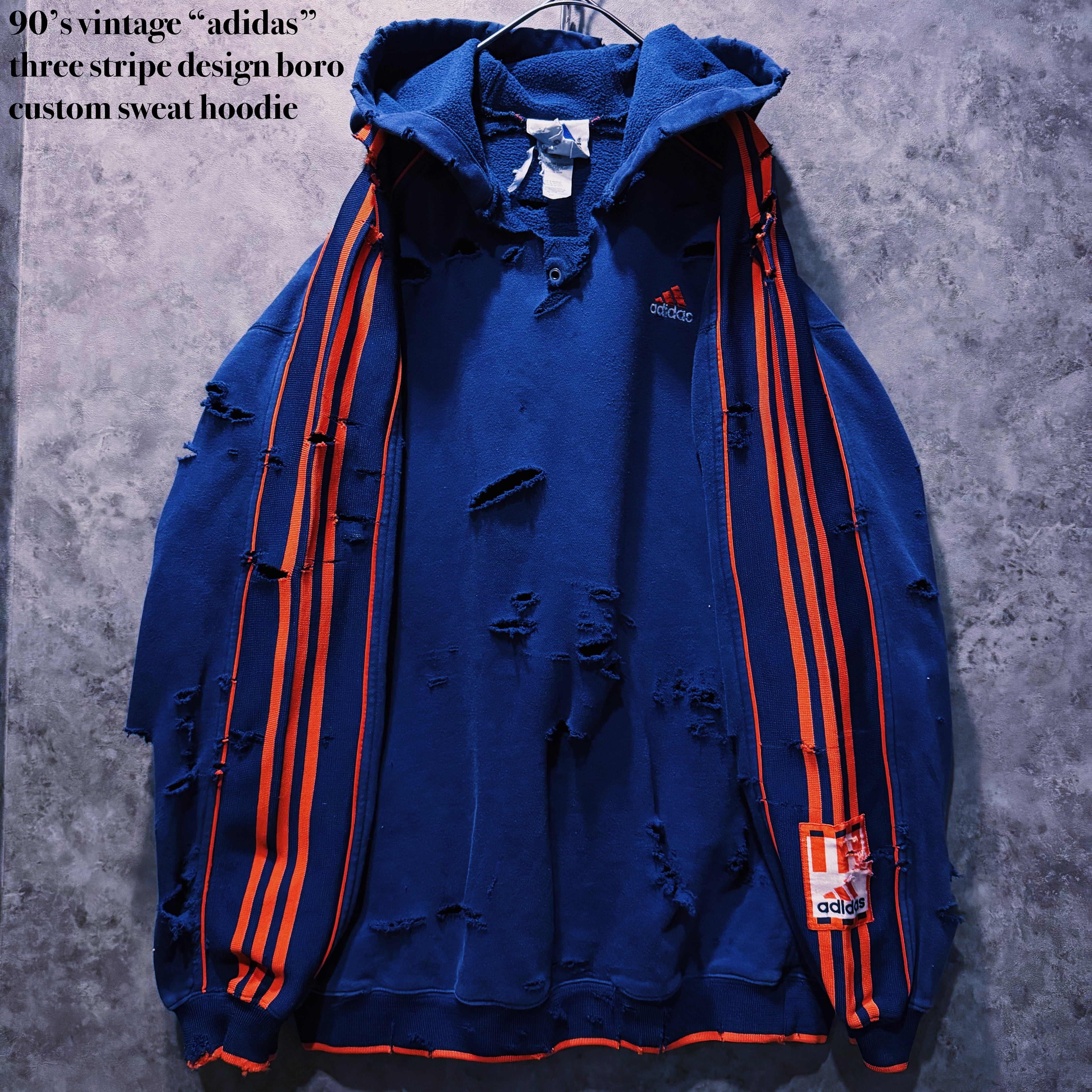【doppio】90’s vintage “adidas” three stripe design boro custom sweat hoodie