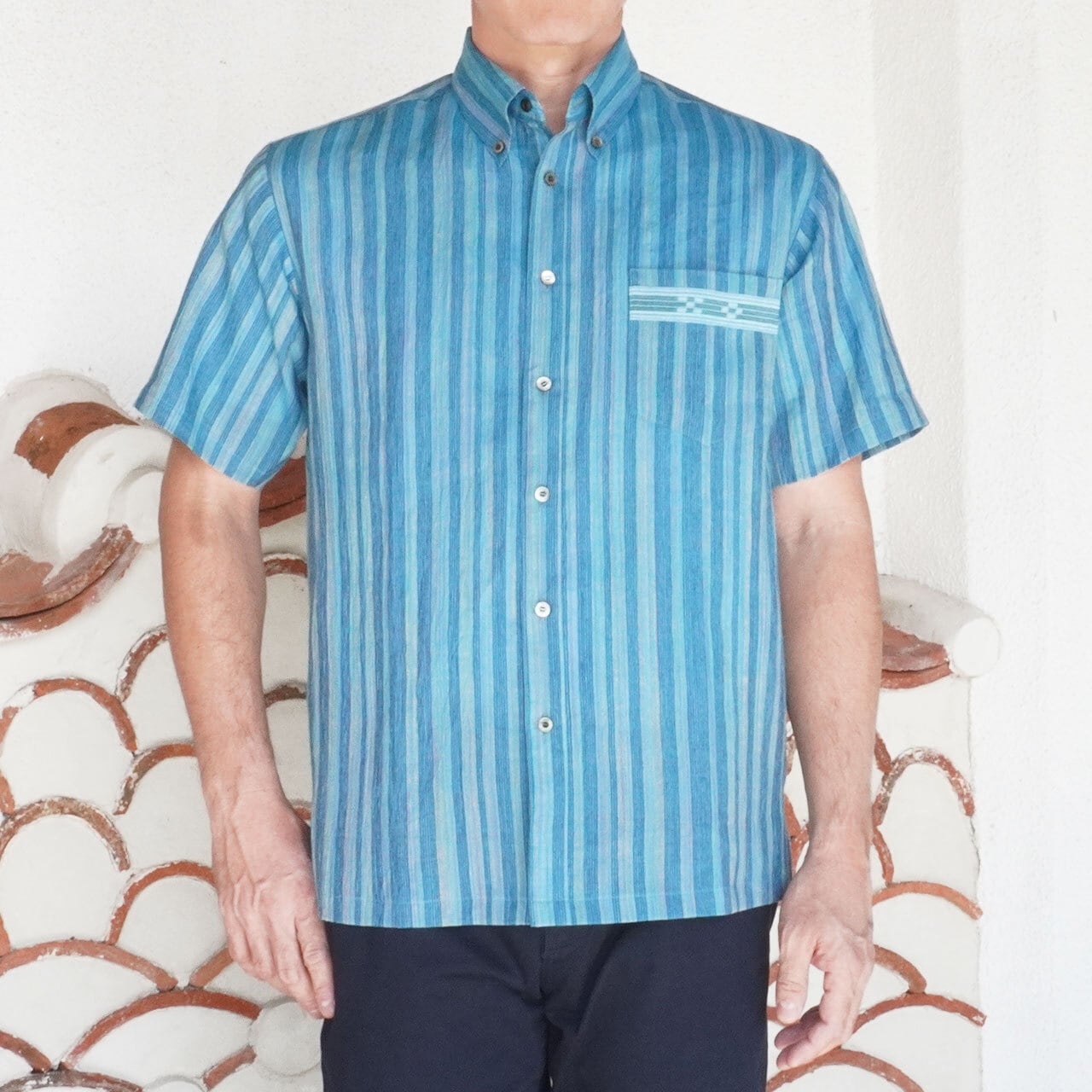 手もみ麻 麻色絣ストライプ ボタンダウン 半袖 シャツ [ITUYO] メンズ