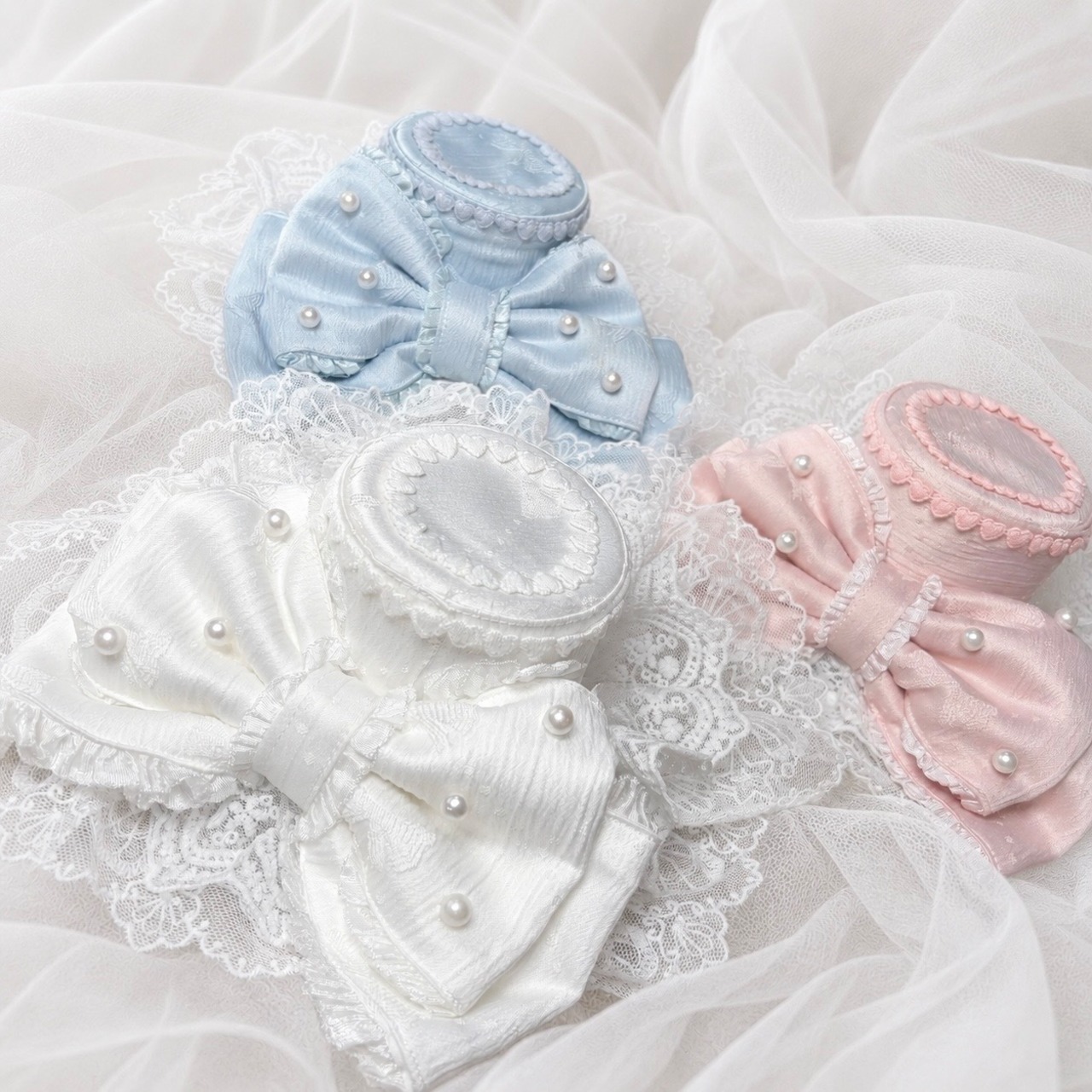 ♡【全3色】ヴェール付き⟡.· パステルシュガー パールリボンミニハットヘアクリップ white ♡