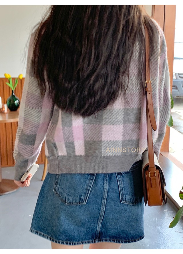 オータムトップス セーター ジャケット ニットカーディガン薄手格子柄長袖スリーブ ロング 秋物 ビッグFスモールZ韓国15979244659