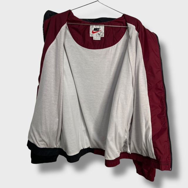 90s NIKE ツートンナイロンジャケット ビッグロゴ L エンジ 黒