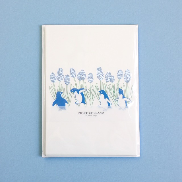 《鳥/ペンギン》ペーパーバッグ(紙袋) 10枚セット ペンギン×ムスカリ 平袋 PETIT ET GRAND