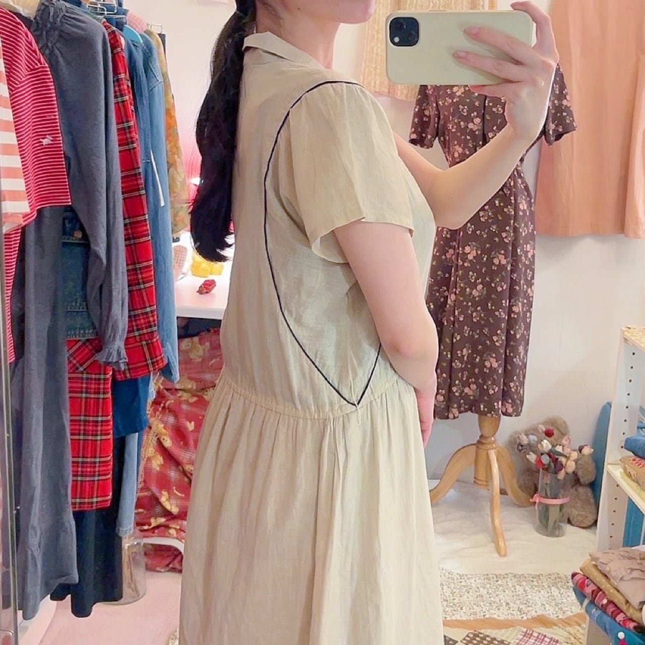 beige open collar one-piece