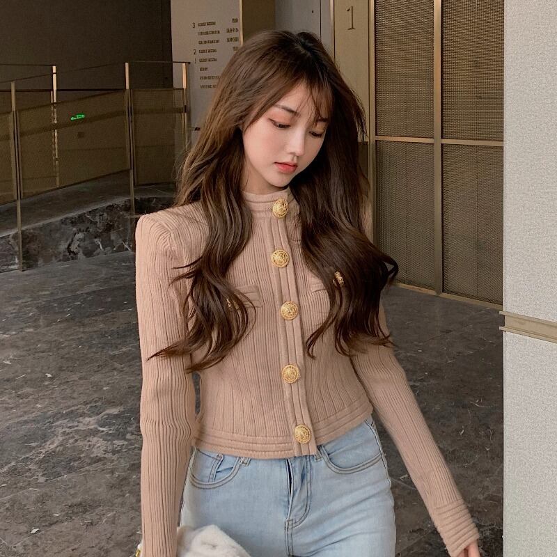 オータムウィンタースタイルスリムラウンドネックセーター ニットショートカーディガントップス ロング 秋物 冬物 Oネック YY-ファッション71130994862