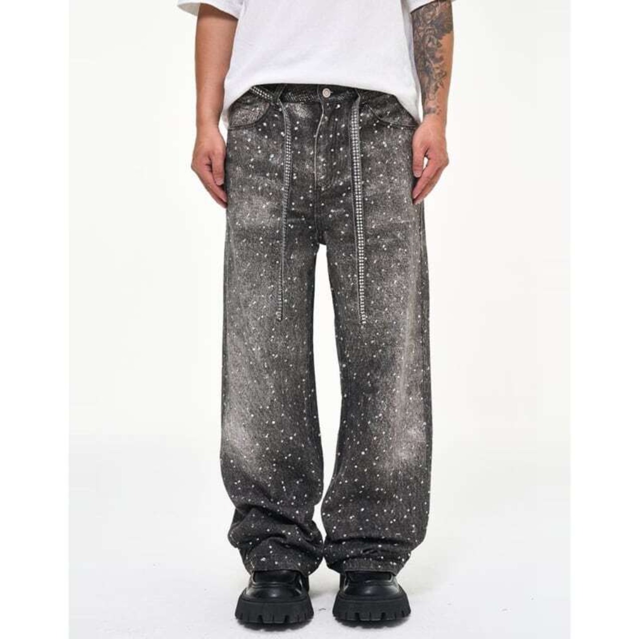 rhinestone wide  black denim - 7