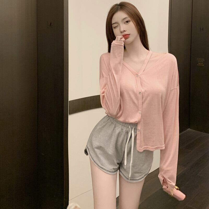 サマーVネック薄手トップス レディースハイウェストウェストバンドショーツ ロング 夏物 ブルマー ガールズファッション49265804948