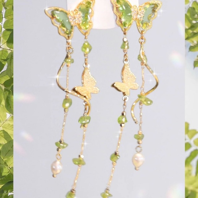 ✿蝶が羽ばたく、優雅なフリンジ！【青野茶蝶シリーズ】★耳飾り★ イヤリングorピアス アクセサリー レディース 小物 デート 蝶々 フリンジ