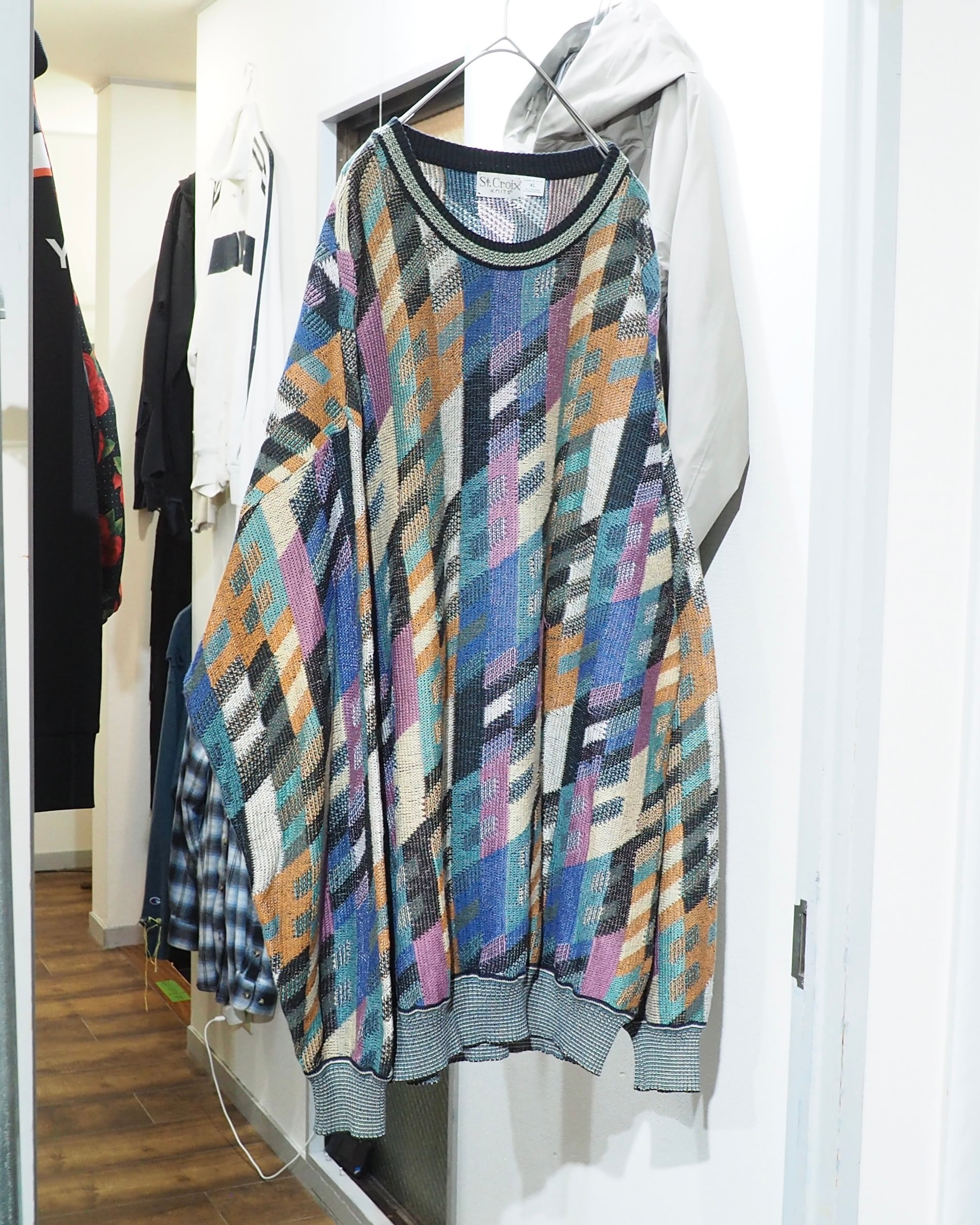 1990s " St.croix - Made in USA " Colorful pastel Block pattern vintage loose knit