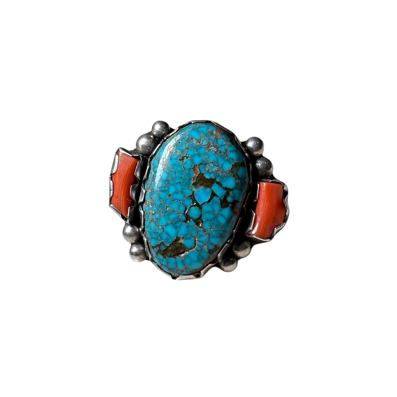 vintage Navajo silver high grade turquoise & coral ring