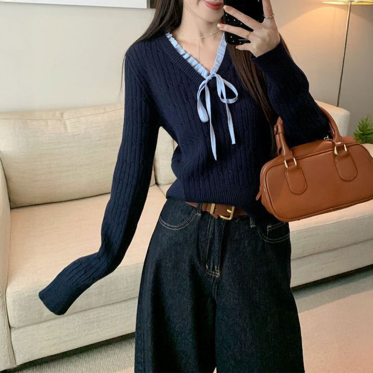 ニット 長袖 リボン フリル レディース 春秋 韓国 おしゃれ 大人 かわいい きれいめ カジュアル Vネック フェミニン ガーリー 大人可愛い 大人女子