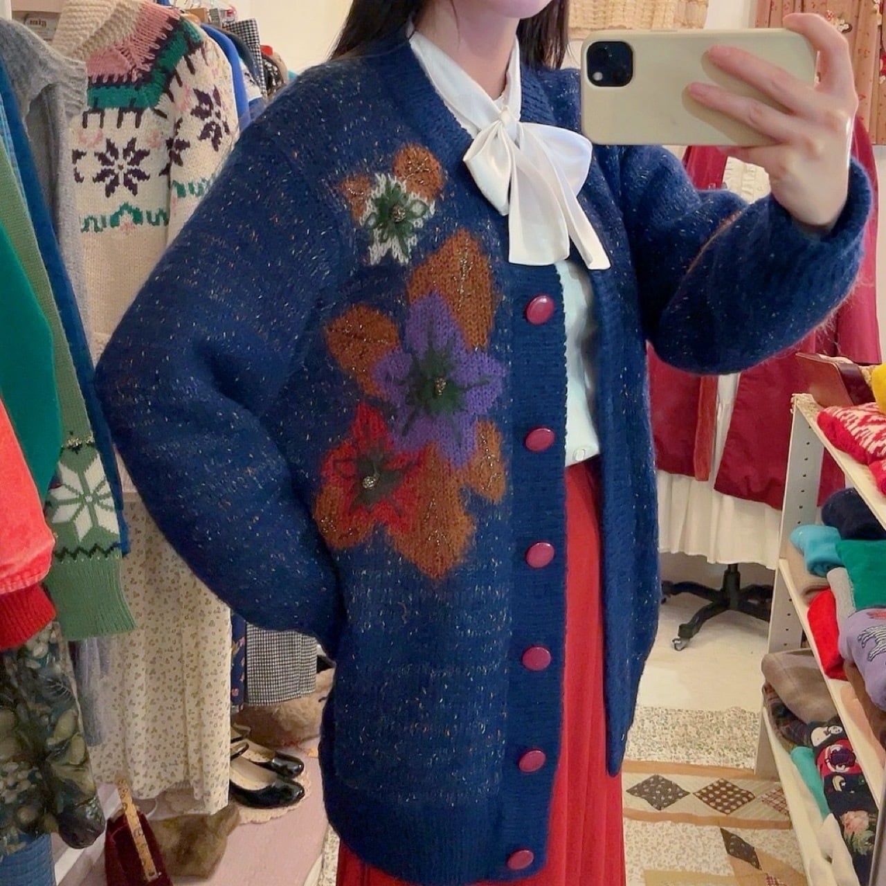 lame flower liner knit cardigan