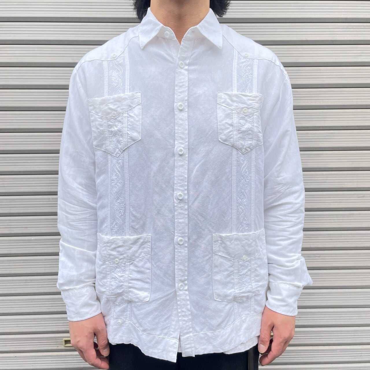 D'Accord リネン 長袖 ピンタック キューバシャツ メンズXL 古着