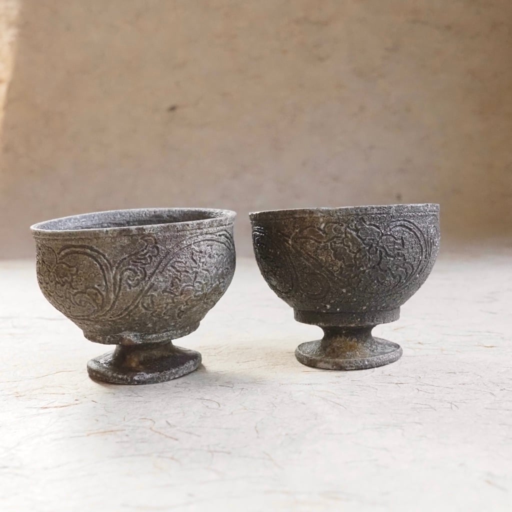 【未使用品】土本訓寛・土本久美子　長盤プレート 土本訓寛・久美子／焼締 陰刻 高坏 | ならまちミレー