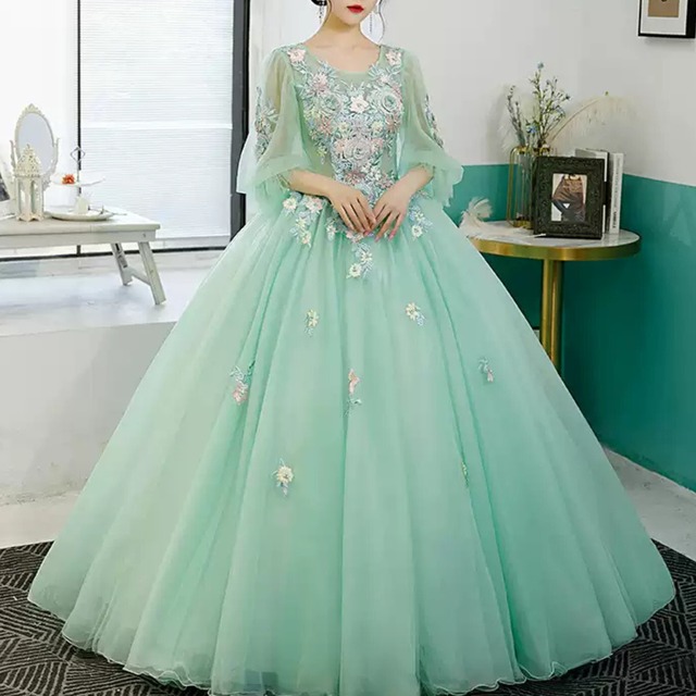 パフスリーブ七分袖フラワー刺繍Aラインドレス CL0109