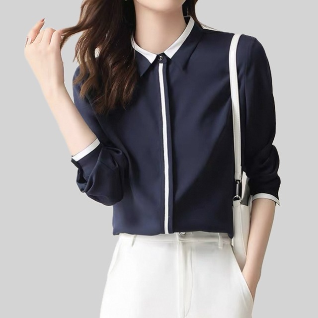 Bicolor flyfront collared blouse　00117